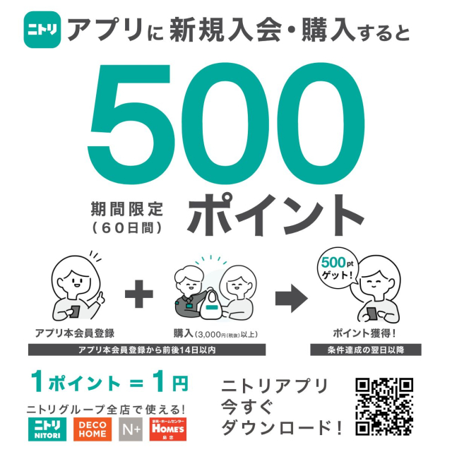 ニトリアプリに新規入会・購入で500ポイント！